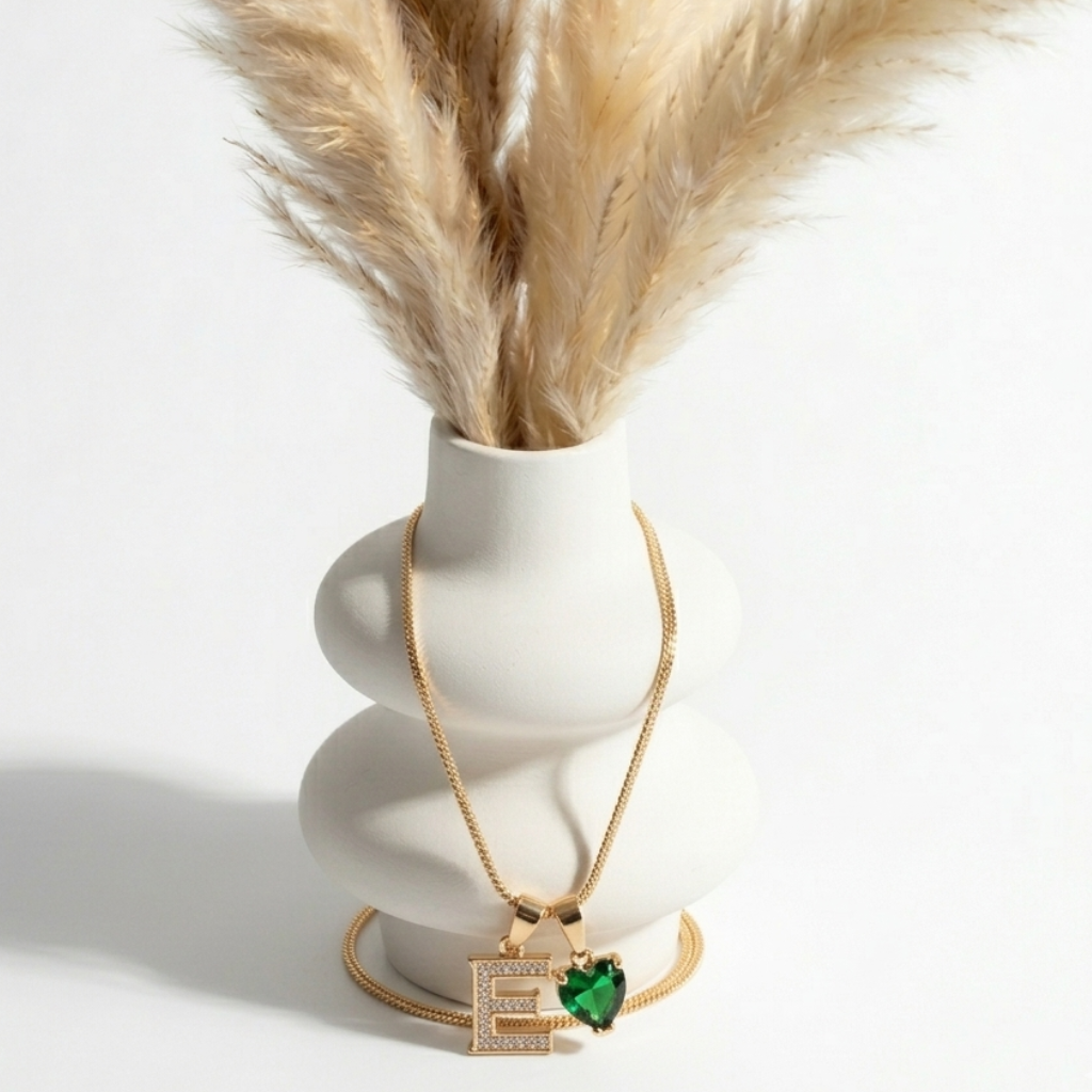 COLLAR INICIAL ROSE Y CORAZON VERDE | TEAM DORADO